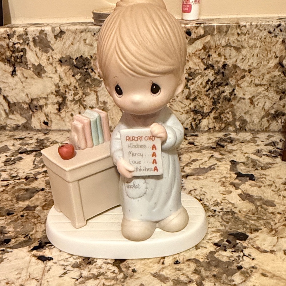 Precious Moments Figurine with Desk - Cream and White